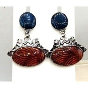 Ethnic Earrings Green Brown Enamel With Silver Tone Metal, Dangle Chunky